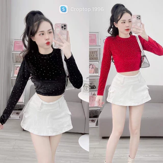 Áo nữ Croptop Nhung mịn đính đá sang chảnh kiểu dáng Hàn Quốc A196