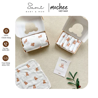 Set 6 khăn sữa Mochee sợi tre cho bé 30x30cm họa tiết gấu vải xô organic