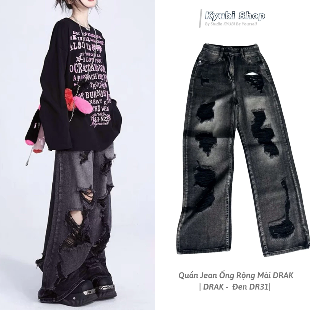 Quần Jean nữ ống suông ulzzang lưng cao rách gối phong cách Retro Hàn Quốc [Có Bigsize] - Quần jean baggy Kyubi DR31