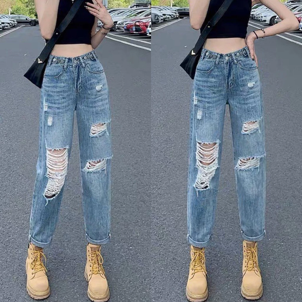 Quần baggy jean nữ BigSize lưng siêu cao, Lưng Gài Khoen, kiểu dáng rách bụi thời trang MLJ 0014