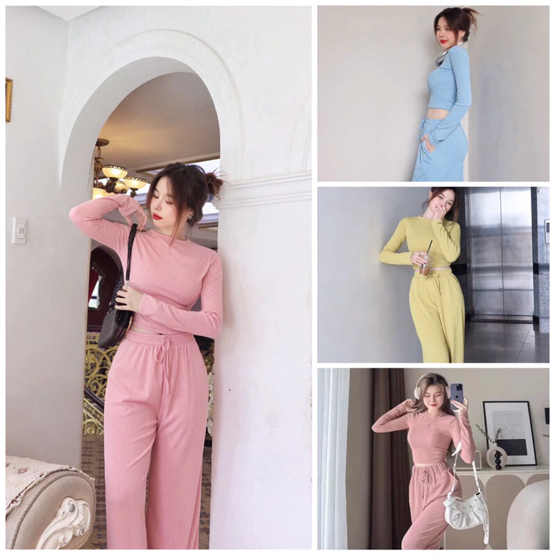 Set bộ dài tay croptop phối quần ống suông trẻ trung năng động