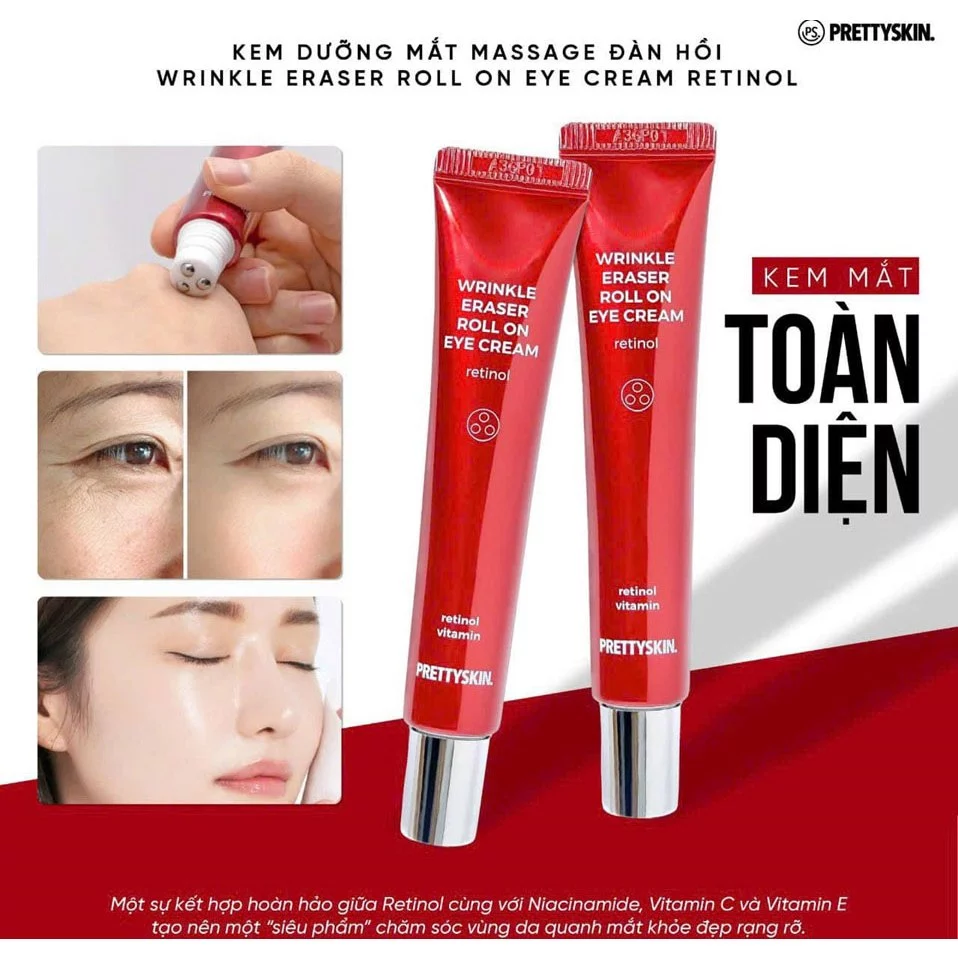 Kem Dưỡng Mắt Massage Đàn Hồi Pretty Skin Wrinkle Eraser Roll Eye Cream Retinol 30ml