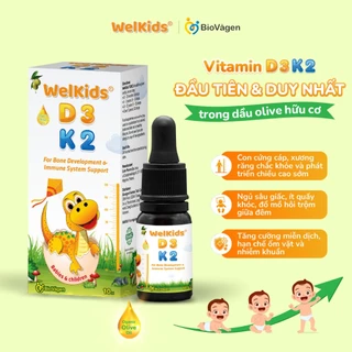 WelKids D3K2 tinh khiết bổ sung vitamin D3 K2 MK7 tan trong dầu olive hữu cơ tăng chiều cao cho bé dung tích 10ml