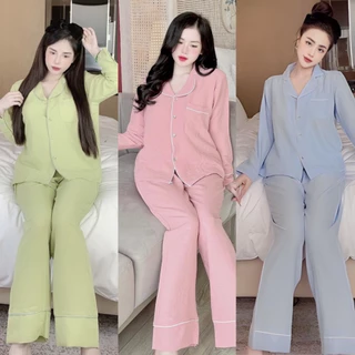 Bộ mặc nhà Pijama dài tay chất liệu đũi xốp mềm mịn cao cấp họa tiết trẻ trung dễ thương