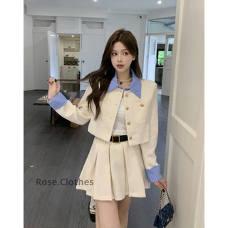 [Mới] Set áo dạ tweed 3 món phối cổ sơ mi kẻ kèm chân váy xếp li (có đai da) - Rose.Clothes