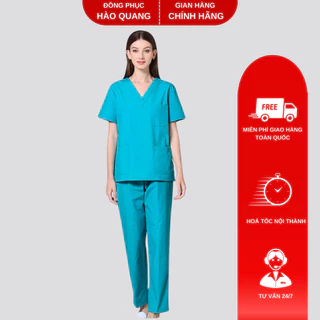 Bộ scrubs bác sĩ, bộ đồ cổ tim Spa HÀO QUANG màu xanh ngọc hàng cao cấp