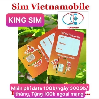 [FREE 30 Ngày] Sim Vnmobile King 10GB/Ngày(300GB/Tháng) +100K Ngoại Mạng +Nội Mạng-PHỤ KIỆN TOÀN CẦU