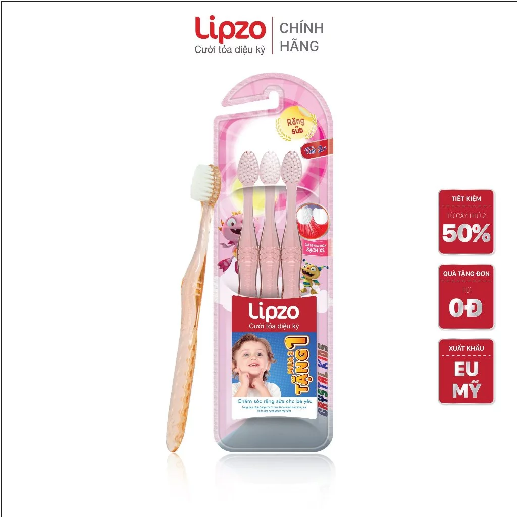 [Combo 3] Bàn Chải Đánh Răng Lipzo Crystal Kids Lông Chỉ Tơ Nha Khoa Kháng Khuẩn Bảo Vệ Nướu Dành Cho Trẻ Em Từ 2-5 Tuổi