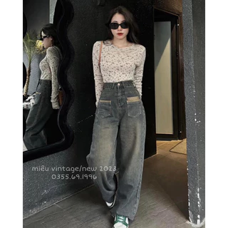 Quần Jeans xuông,Quần bò xuông ống rộng lưng cao siêu tôn dáng , 2 túi trước phối kiểu cách viền nâu