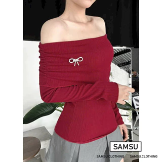 Áo thun trễ vai nữ phong cách Hàn Quốc kèm nơ đính chất thun gân dày dặn mặc noel tết Samsu.clothing_saigon