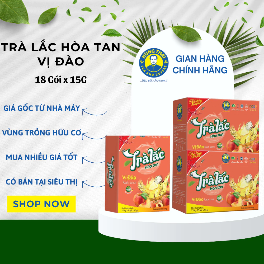 Trà Lắc Hòa Tan Vị Đào Tiện Lợi Giúp Giải Khát Với Hương Đào Thơm Ngon Trà Hùng Thái Hộp 18 Gói 15G