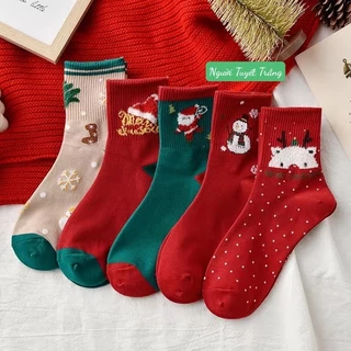 SÉT 10 Đôi Tất giáng sinh Muzini vớ đẹp thêu nhiều hình Noel đáng yêu cute Tất Noel nam nữ siêu xinh cao cổ