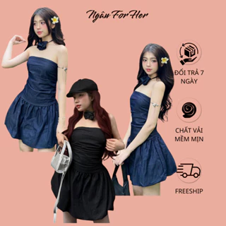 KIVA DRESS- Đầm cúp ngực denim kèm hoa cổ- Váy Ống Denim Dáng Ngắn