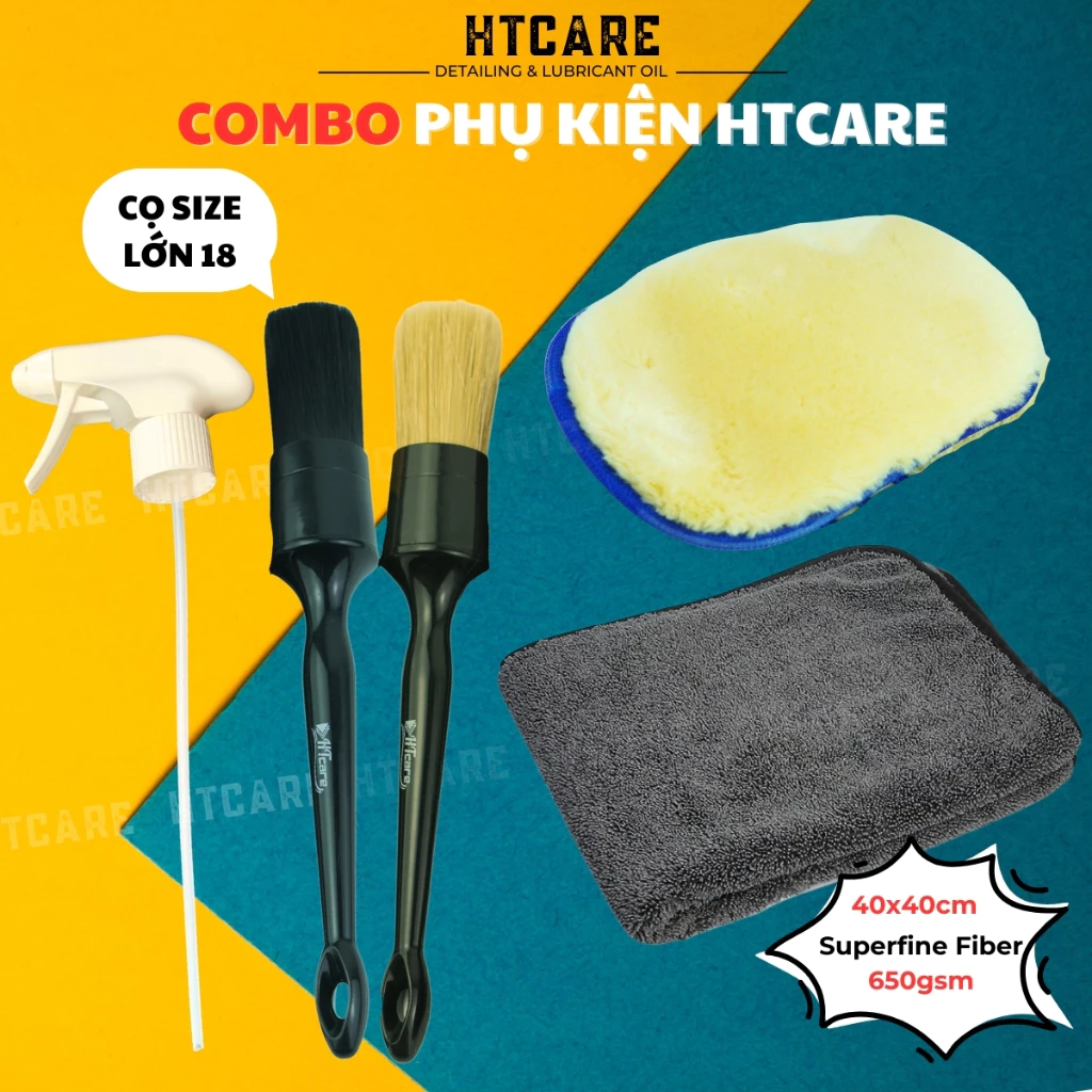 COMBO Phụ Kiện Chăm Sóc Xe Cọ Lông Heo, Lông Nhựa, Bao Tay & Khăn Superfine Fiber 650gsm HTCARE