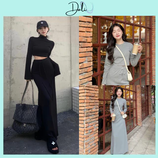 Set Áo Thun Dài Tay Dáng Croptop + Chân Váy xuông Dáng Dài Chất Liệu Thun Gân Sang chảnh