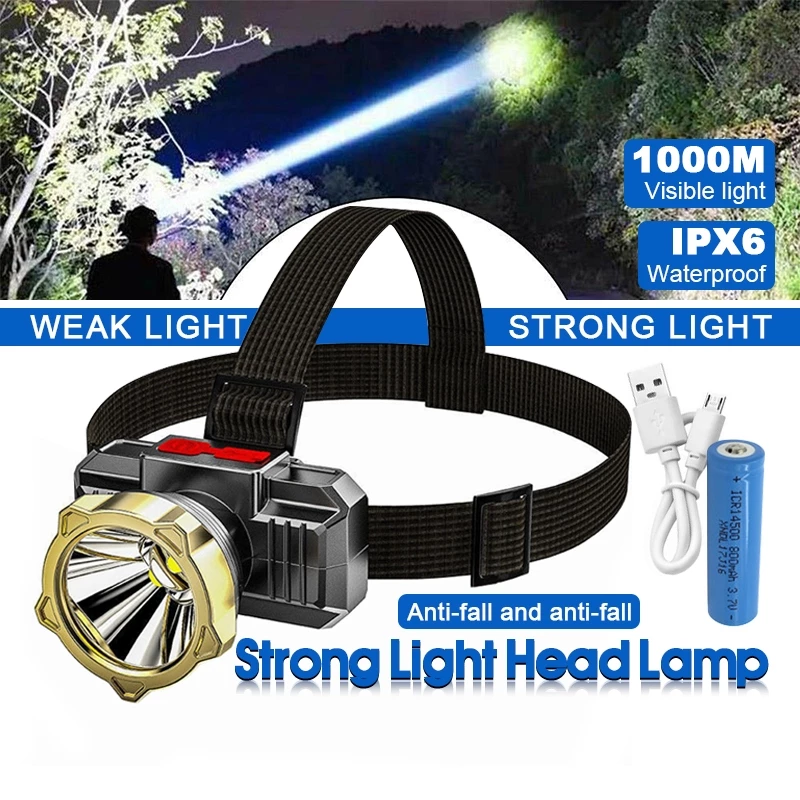 [1 Bộ] Đèn pin đội đầu 1 bóng,đèn pha ngoài trời có thể sạc lại,Đèn pha LED siêu sáng chiếu xa 1000m, chống thấm nước