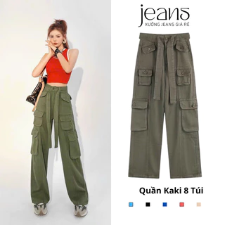 Quần Dài Túi Hộp Ống Rộng Kaki Cotton Xưởng Jean 8 Túi phối dây lưng Cạp Cao Nam Nữ Unisex