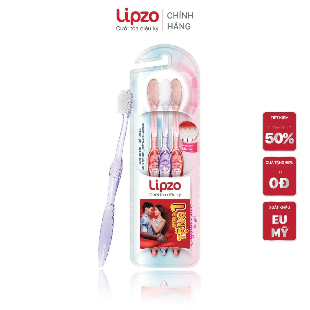 [Combo 3] Bàn Chải Đánh Răng Lipzo Crystal Love For Girl Cho Nữ Giới  Công Nghệ Lông Nở Kết Hợp Chỉ Tơ Nha Khoa Siêu Mềm