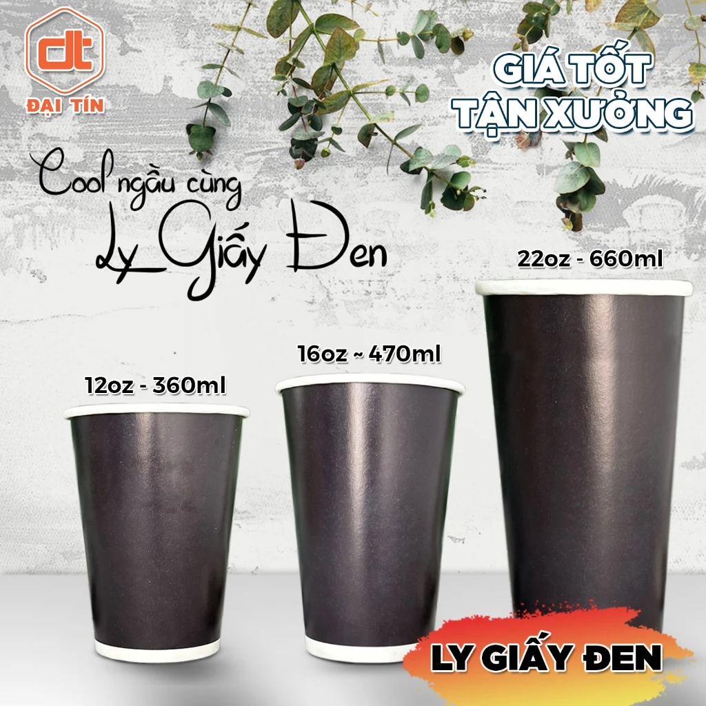 SET 50 Ly Giấy, Cốc Giấy Đen CAO CẤP 360ml, 470ml, 660ml KÈM NẮP phi 90, ly cafe nóng&lạnh, trà sữa, nước ép...