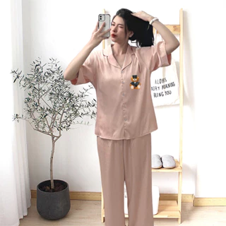 Bộ đồ mặc nhà nữ, pijama vải lụa Ánh Kim N5B in hình cute set đồ tay ngắn quần dài
