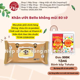 Khăn ướt Bello không mùi 80 tờ cho bé 99,9% nước tinh khiết - Nếp Shop - Hàng Nhật nội địa