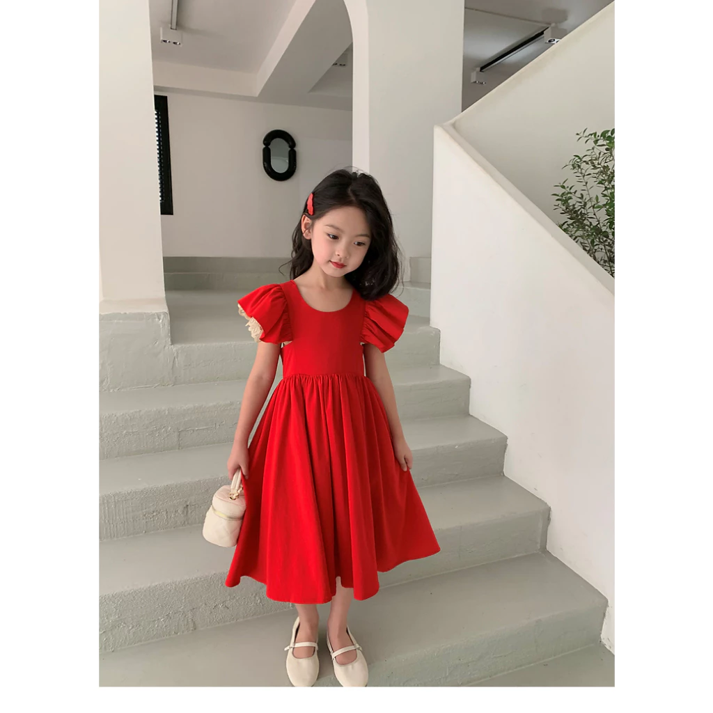 Váy liền thân bé gái Anniebaby đầm váy tiểu thư tay phối viền ren cho bé từ 2-12 tuổi chất thô hàn mềm mịn VA23050