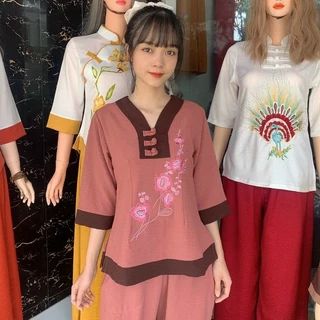 (ĐŨI CHỮ Y cò Bigsize) Bộ quần áo nữ Phật tử, đồ lam đi chùa mẫu nữ vải Đũi mã KA48
