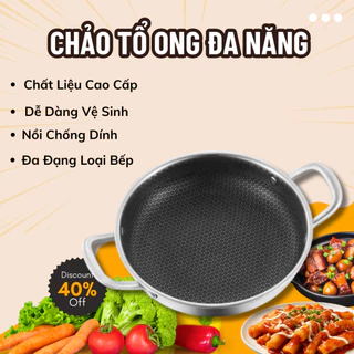 Chảo Tổ Ong 2 Quai Chống Dính Đa Năng 28Cm, Chiên Xào Đa Năng Thích Hợp Với Mọi Loại Bếp, Tay Cầm Cách Nhiệt, Vệ Sinh Dễ