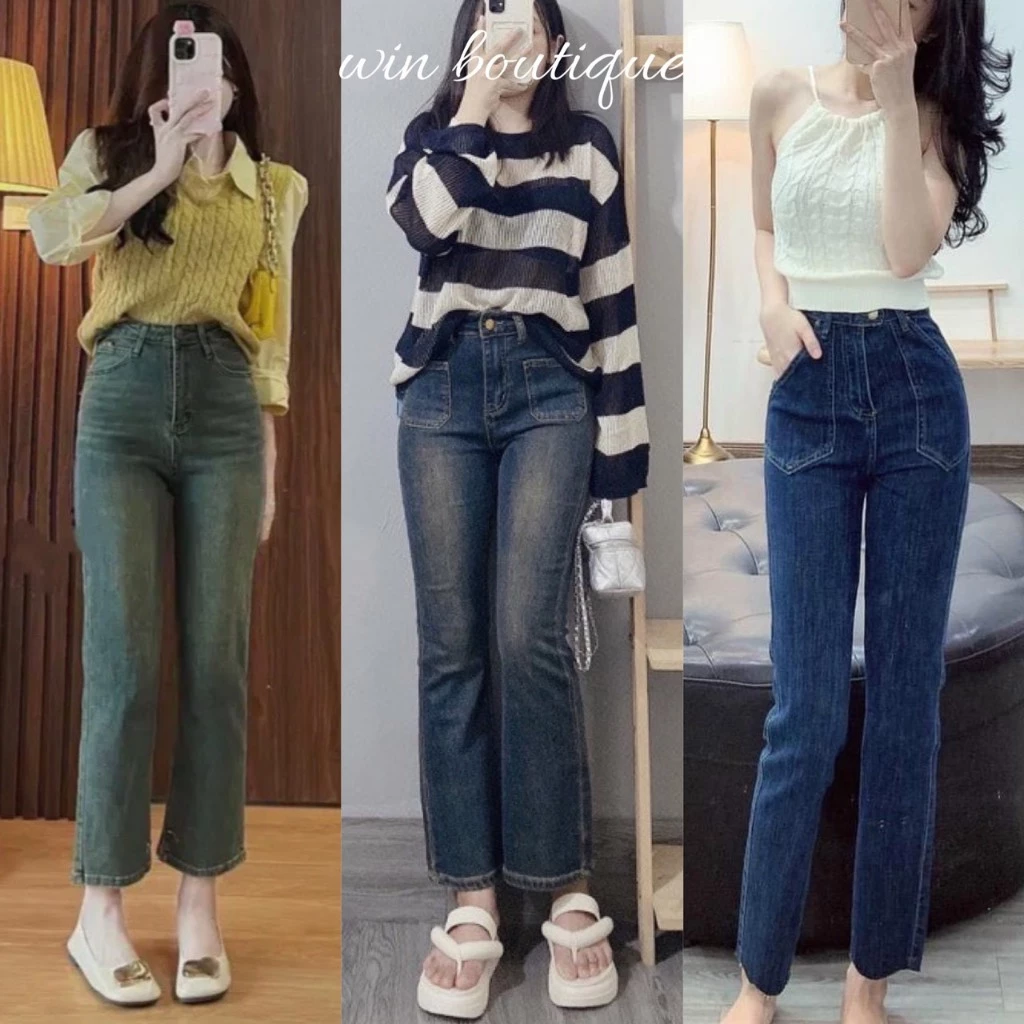 Quần bò jeans nữ ống đứng co dãn 4 chiều cạp cao Win Boutique