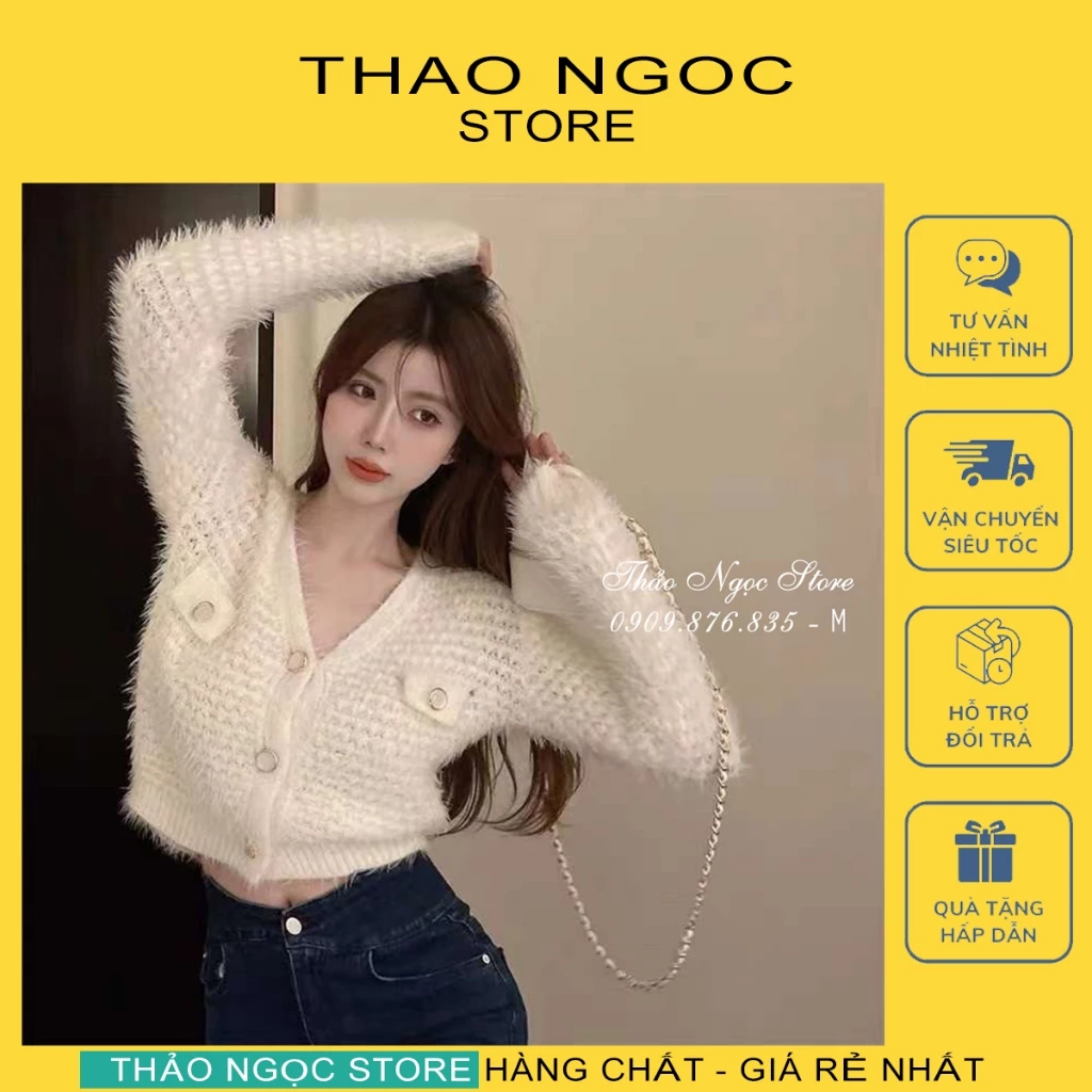 Áo len lông nữ cổ tim nút nơ, áo len croptop tay dài hàng nhập QC! (hình thật) THẢO NGỌC STORE