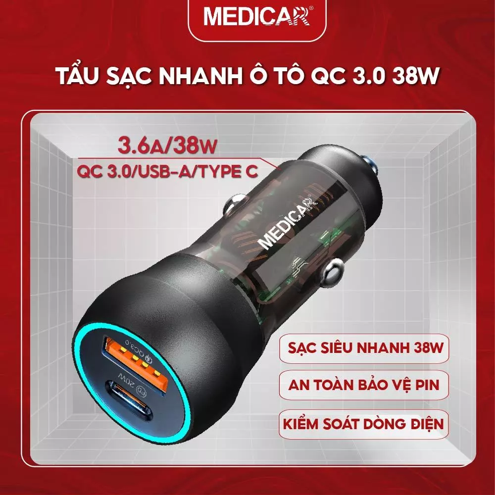 TẨU SẠC SIÊU NHANH Ô TÔ 38W Medicar QC 3.0, sạc nhanh xe hơi 12-24V chống cháy nổ