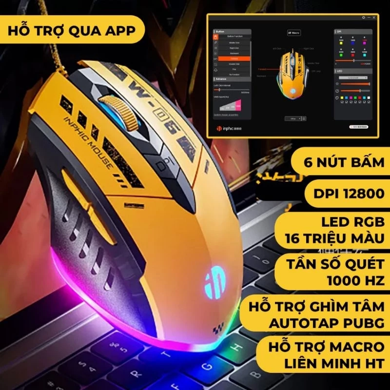 Chuột gaming máy tính có dây TEKKIN W6 có 6 nút hỗ trợ app led RGB 16 triệu màu 12800 DPI macro game cho máy tính