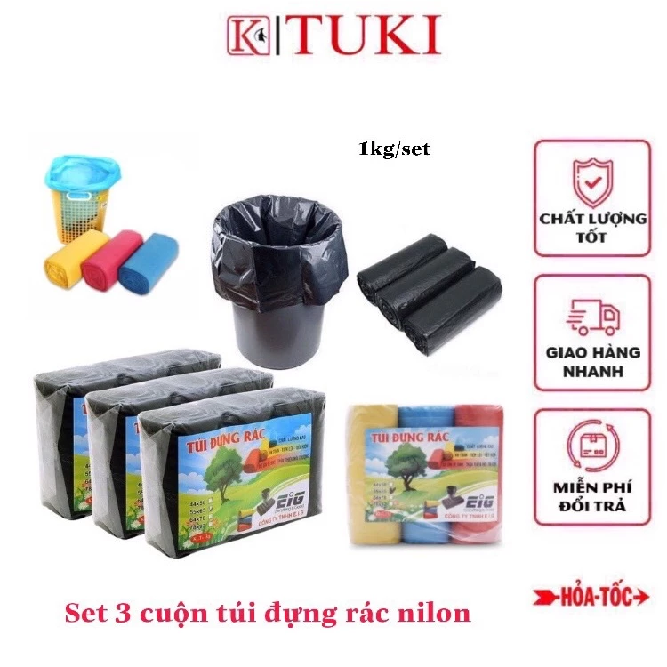 [ Loại đủ 1kg/bịch - túi dày, dai ] Bịch 3 cuộn túi đựng rác chất liệu nilon tự huỷ sinh học - tiện dụng, tiết kiệm