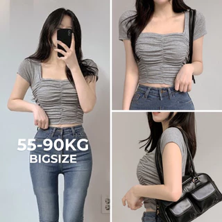 Áo Croptop, Áo Croptop BigSize, Áo Thun Tay Ngắn Kiểu Dáng Nhún Ngực Dễ Thương Cho Nữ Size 55-90kg - SmileBigsize