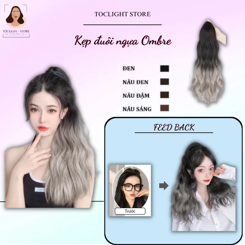Tóc giả Ngoạm đuôi ngựa xám khói Ombre Xoăn gợn sóng dài 50cm- Kẹp ngoạm đuôi ngựa omber xinh xắn