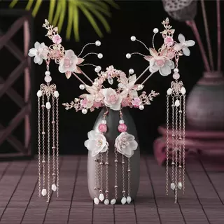 Full set Trâm cài tóc bộ trang sức gắn hoa đính ngọc phong cách cô dâu cổ trang cổ phục cosplay Hán phục