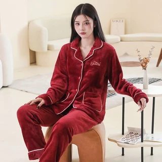 Bộ ngủ nhung lông nữ Hàng Quảng Châu bộ pijama nữ chất lông mềm mịn mặc sau sinh thoải mái