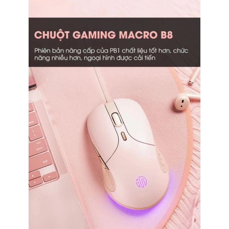 Chuột máy tính có dây TEKKIN INPHIC B8 cute silent không tiếng ồn 6 nút bấm 8800 DPI gaming có app điều chỉnh game