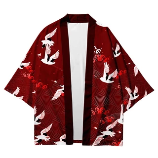 (Có sẵn) Áo khoác kimono haori happi chim hạc nền đỏ