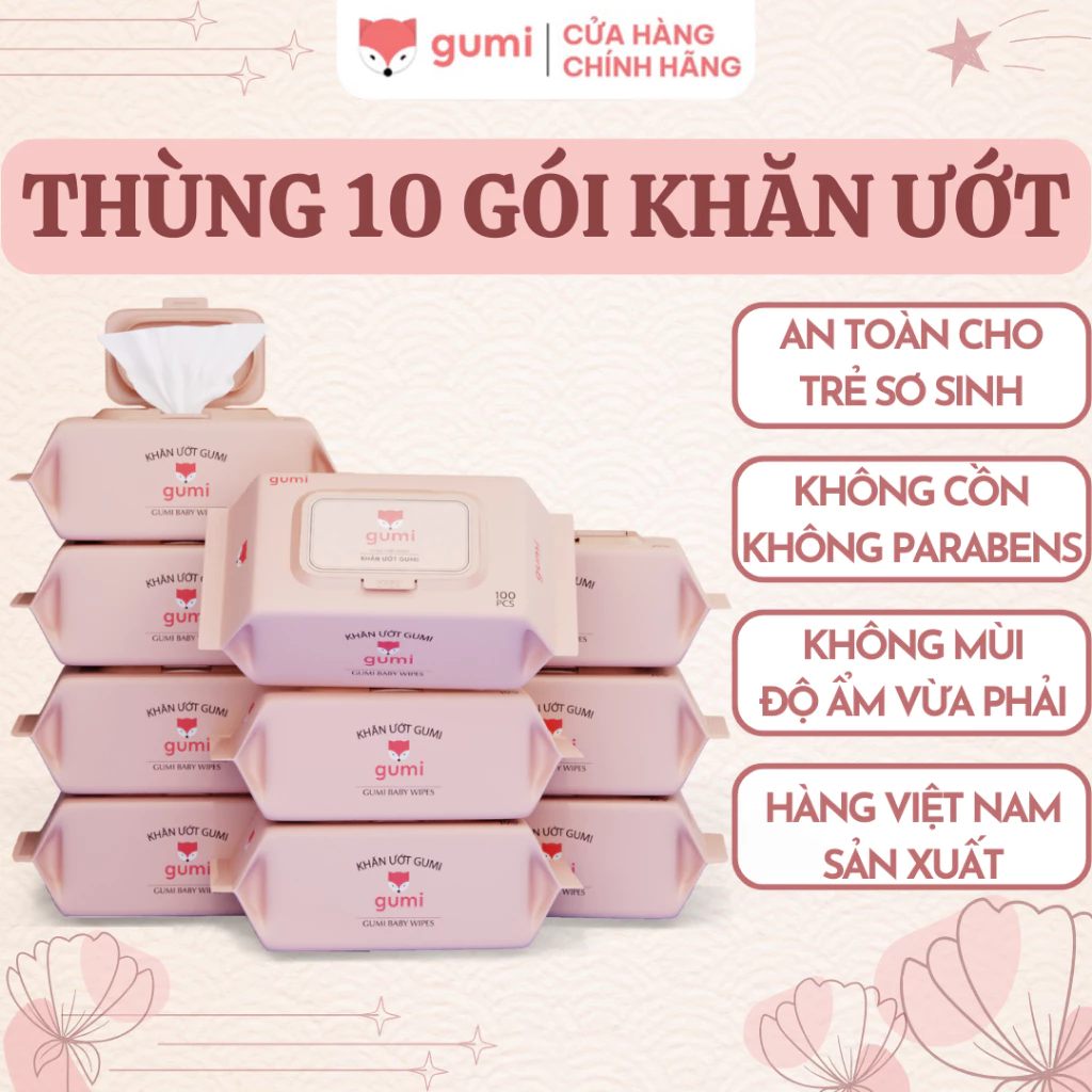 Thùng 10 gói khăn ướt,1 gói 100 tờ,GUMI KHÔNG CỒN,không parabens,AN TOÀN CHO TRẺ SƠ SINH