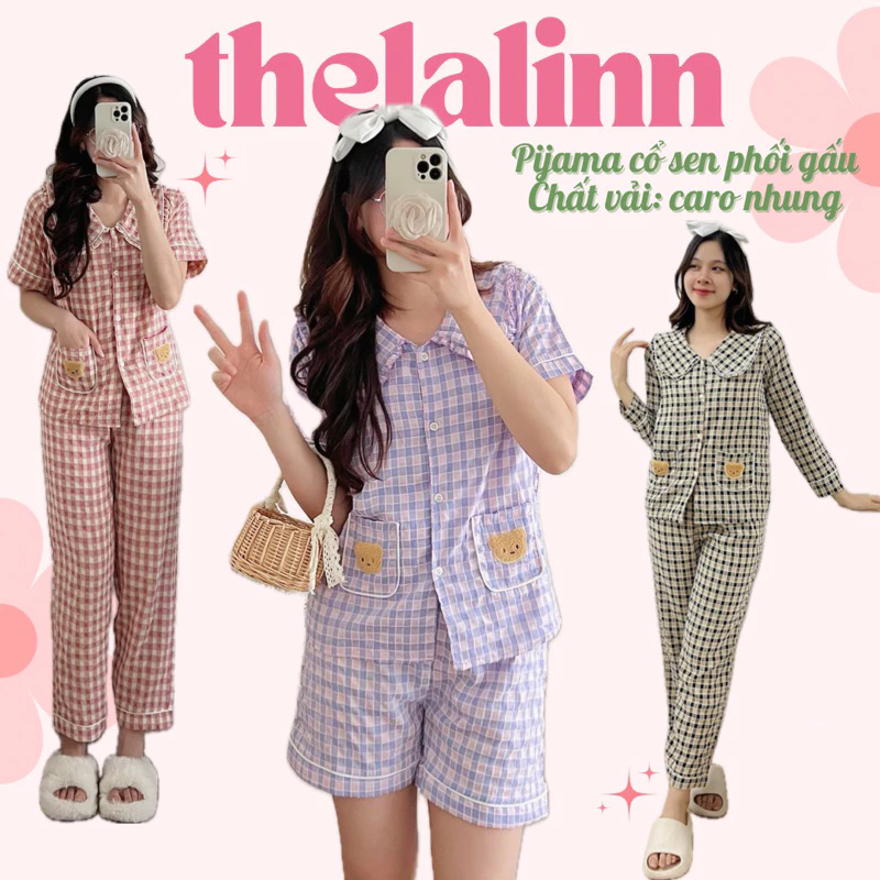 [ ẢNH THẬT ] Set pijama caro thô mềm cổ sen bèo phối gấu xinh xắn. Bộ ngủ nữ caro mềm cổ sen bèo dễ thương