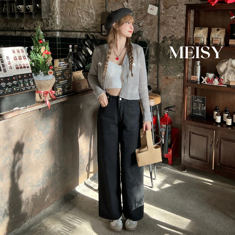 Quần Jeans ống rộng nữ Meisy có thắt eo không co giãn màu xanh phong cách Basic Hàn Quốc có bigsize