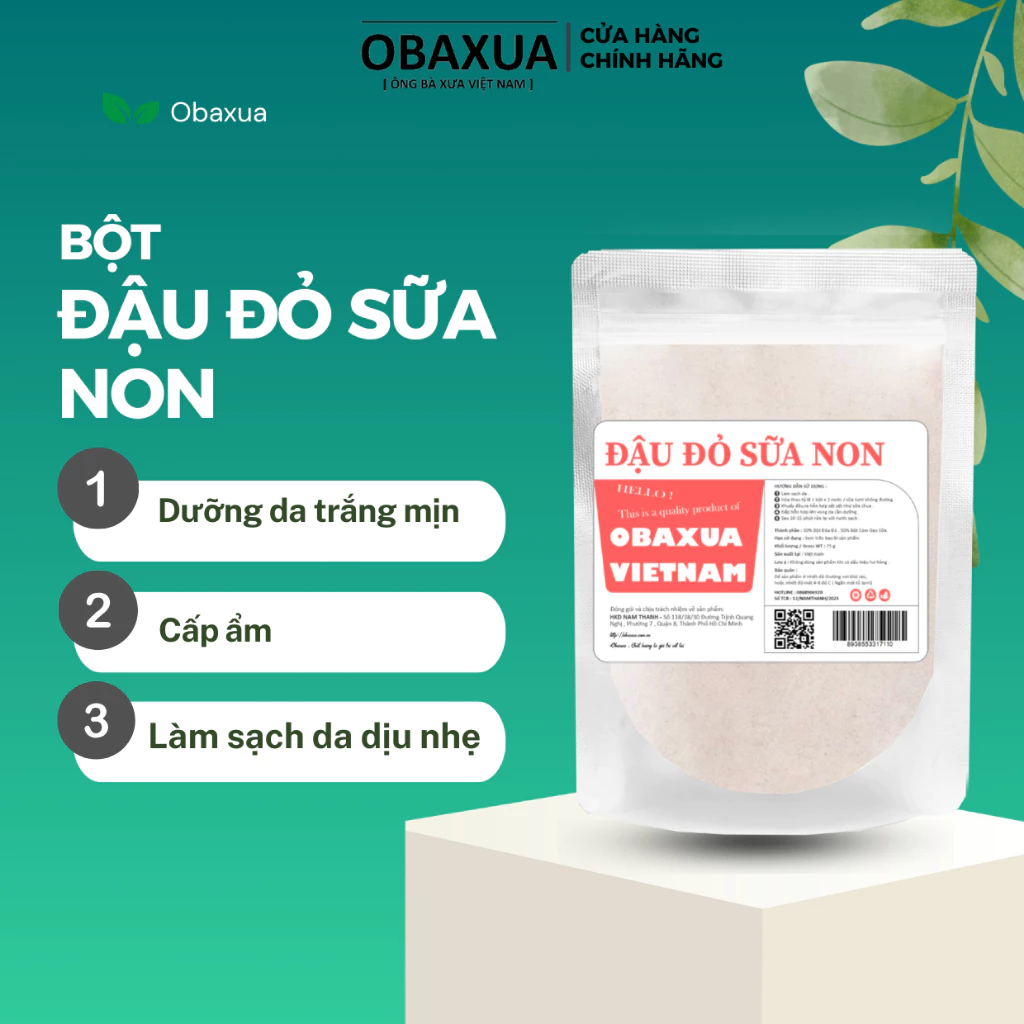 Bột ủ trắng đậu đỏ sữa non Obaxua nguyên chất sạch mịn - Giúp dưỡng trắng, cấp ẩm làm sạch sâu cho body