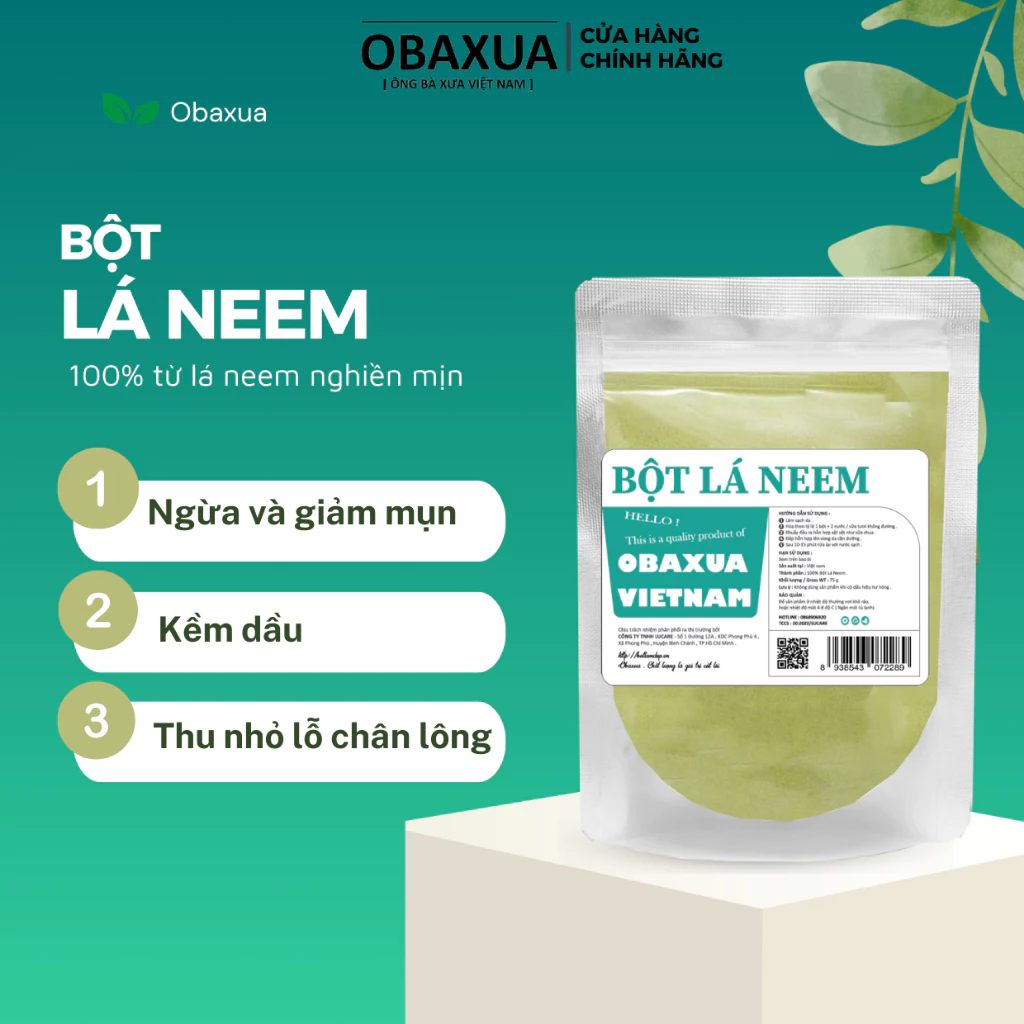 Bột lá neem OBAXUA nguyên chất - Dùng đắp mặt nạ ngăn ngừa mụn dưỡng da trắng hồng