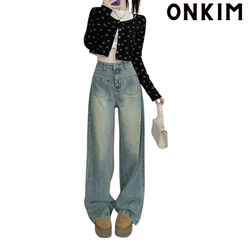 Quần jeans suông ONKIM li chéo lưng cao màu mới phong cách Hàn Quốc