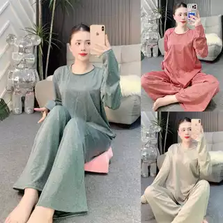 Set ủ kem thun cotton lạnh dày, bộ ủ kem quần ống rộng có túi tay xỏ ngón, đồ ủ da, đồ mặc nhà, quần áo nữ