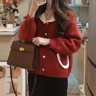 Áo khoác len nữ cardigan dệt kim màu đỏ cổ bèo, có túi thời trang, phong cách nhẹ nhàng tiểu thư