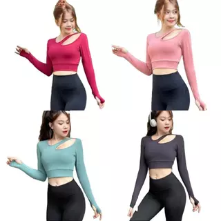 Áo Thể Thao Croptop Nữ Tay Dài Khoét Vai Tập Gym Yoga Tay Dài Có Mút Ngực Có Xỏ Ngón-(Ao20)