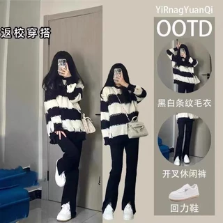 Áo len nữ kẻ đen trắng hàn quốc dài tay form rộng ulzzang phong cách phối rách thời trang basic LADY QUẢNG CHÂU