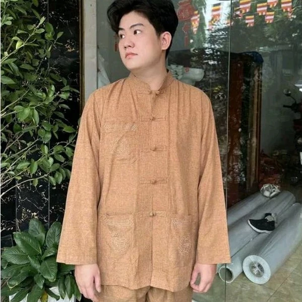 CÓ BIGSIZE 4XL Set bộ nam thêu túi tay dài linen cao cấp